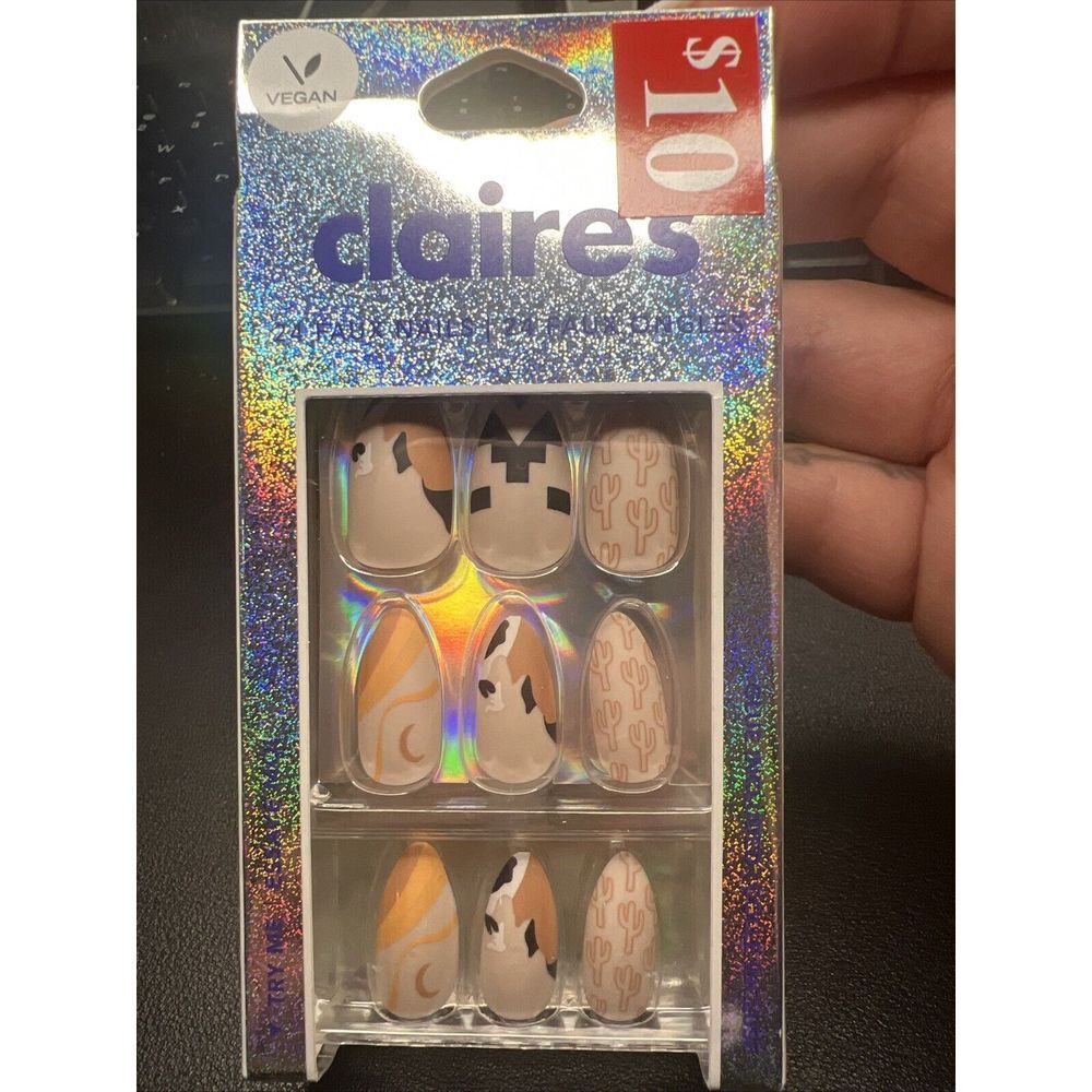 24pc Claire's Fake False Press On Beige Western Medium Almond Cactus Moon Nails